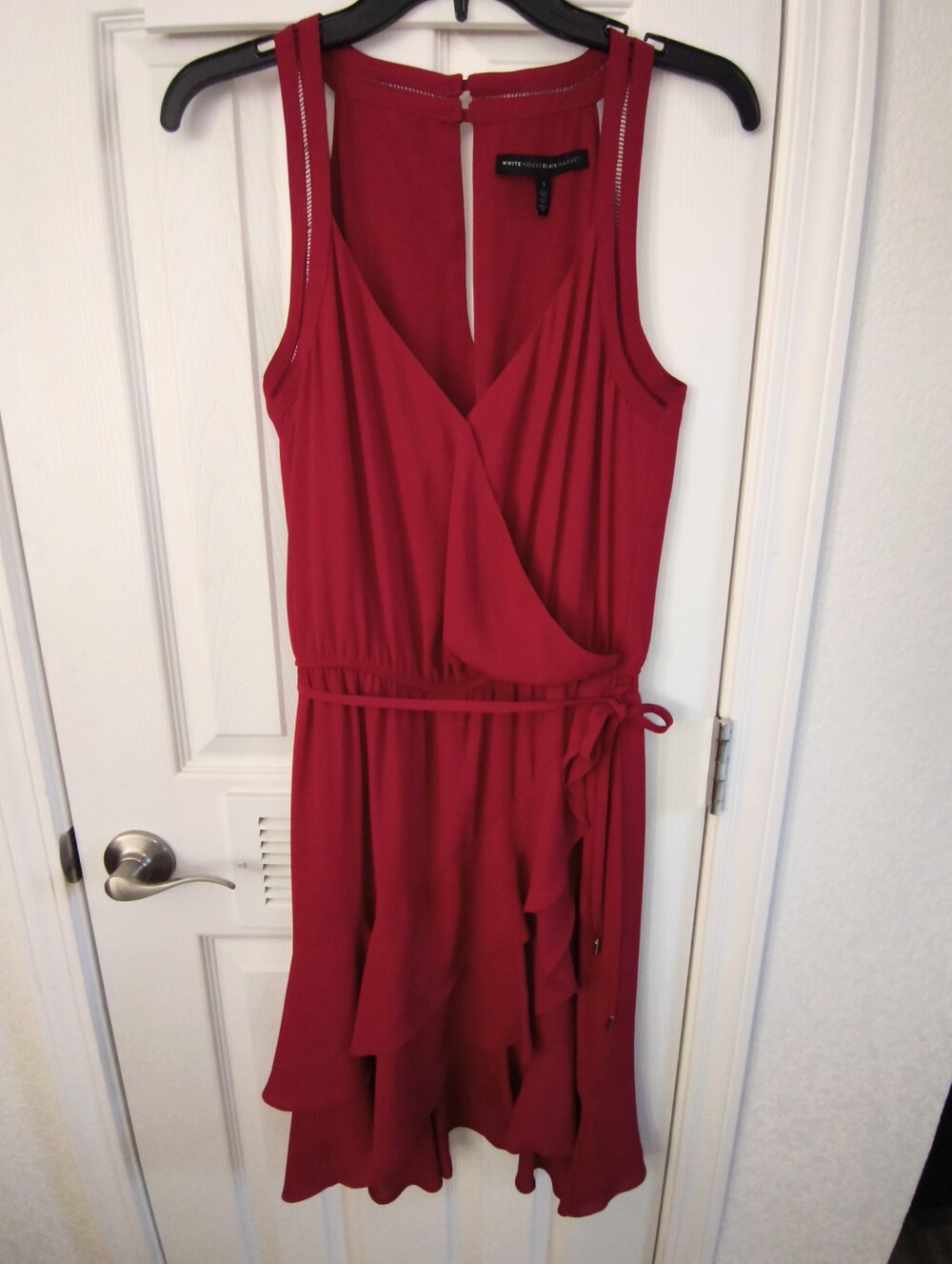 White House Black Market Red Sleeveless Wrap Midi Dress with Ruffle Hem
